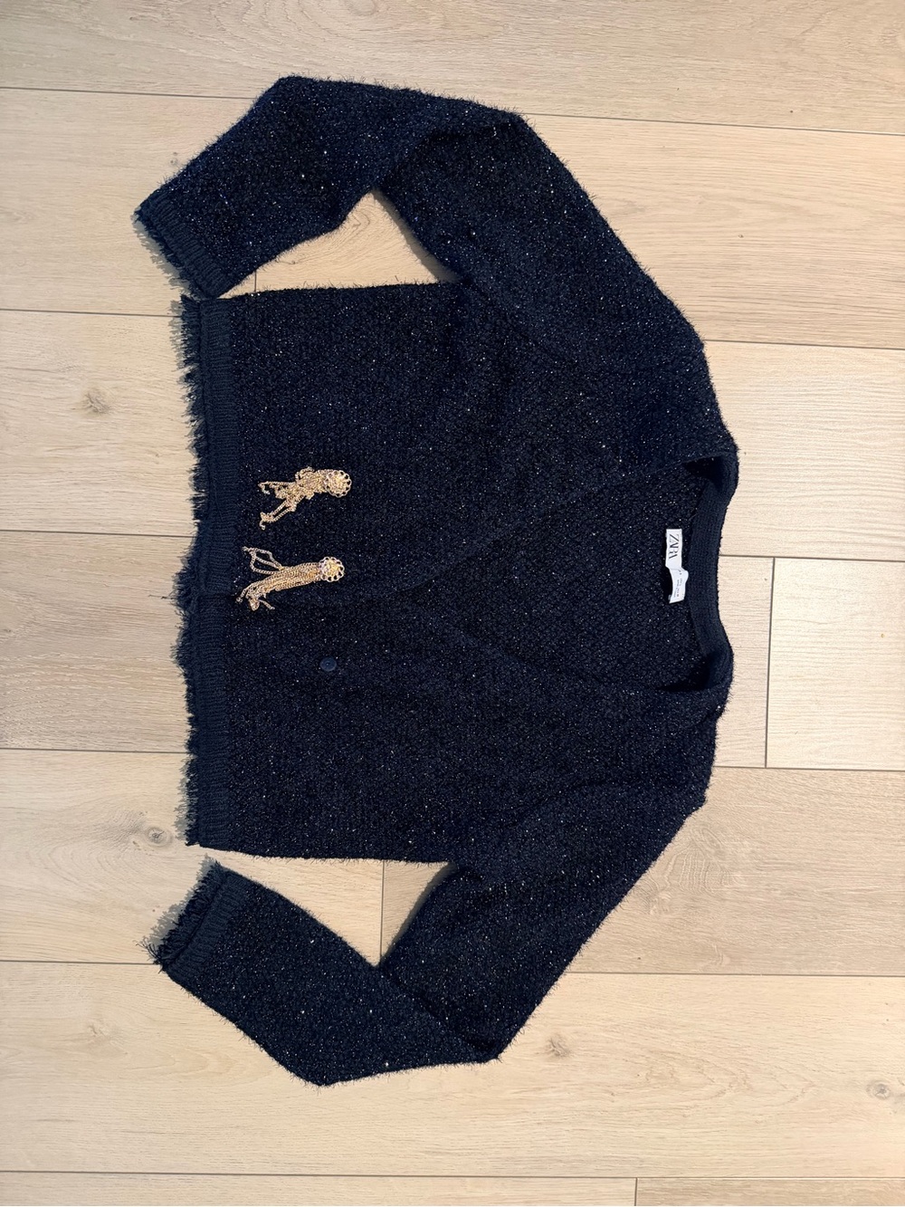 Zara Black Cropped Cardigan with Gold Tassel Embellishments